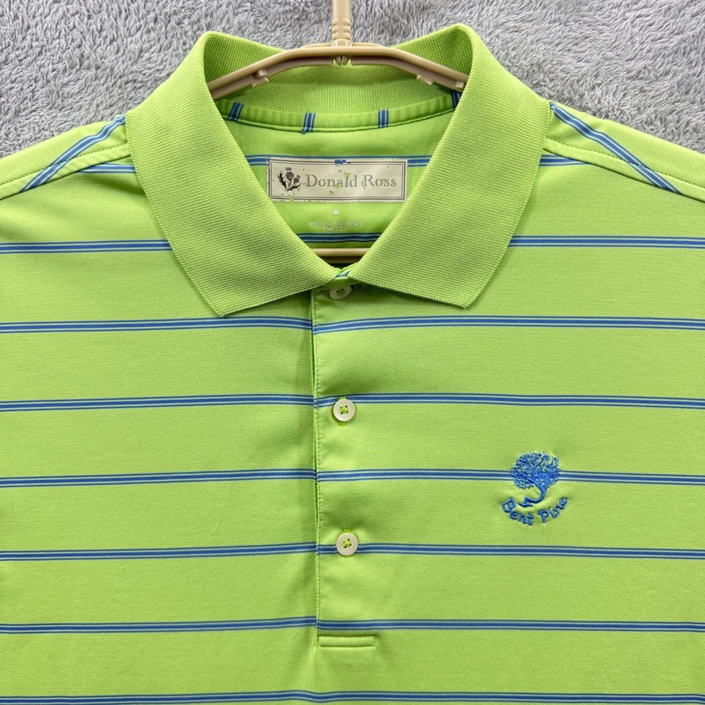 Donald Ross Shirt‎ Mens Medium Bent Pine Golf Polo Green Blue Stripe Performance